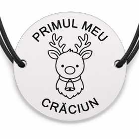 Brățară argint 925 cu bănuț gravat ren mic cu clopoțel, șnur negru reglabil — R0797