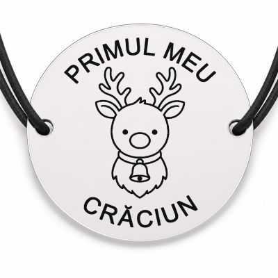 Brățară argint 925 cu bănuț gravat ren mic cu clopoțel, șnur negru reglabil — R0797