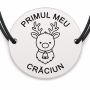 Brățară argint 925 cu bănuț gravat ren mic cu clopoțel, șnur negru reglabil — R0797