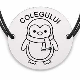 Brățară argint 925 cu bănuț gravat pinguin cu fular, șnur negru reglabil — R0810