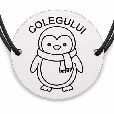 Brățară argint 925 cu bănuț gravat pinguin cu fular, șnur negru reglabil — R0810