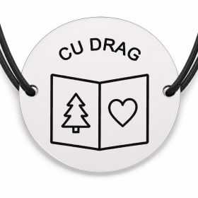Brățară argint 925 cu bănuț gravat felicitare cu brad si inima, șnur negru reglabil — R0812