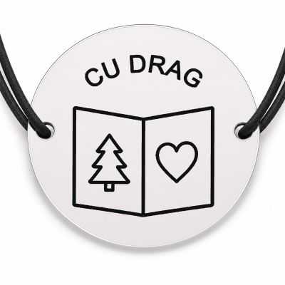 Brățară argint 925 cu bănuț gravat felicitare cu brad si inima, șnur negru reglabil — R0812