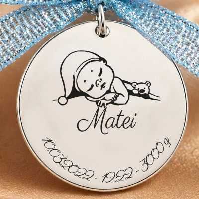 Banut de Botez din Argint 925 Personalizat, cu Za si Panglica – Cadou de Botez 22 mm – S127
